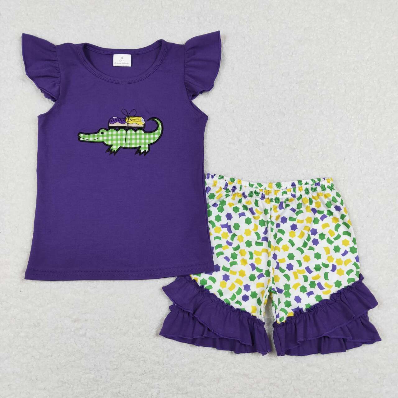 GSSO0444  Crocodile Embroidery Purple Top Ruffles Shorts Girls Mardi Gras Clothes Set