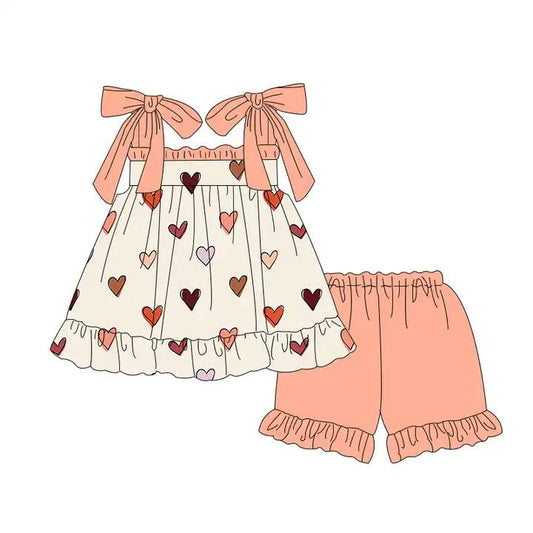 (Pre-order)GSSO0448 Heart Print Straps Tunic Top Orange Shorts Girls Valentine's Clothes Set