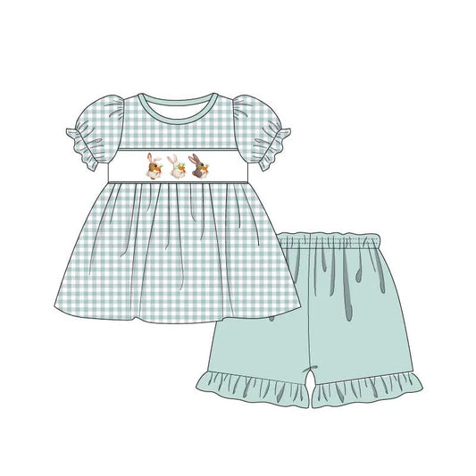 (Pre-order)GSSO0449 Bunny Green Plaid Print Tunic Top Ruffle Shorts Girls Easter Clothes Set