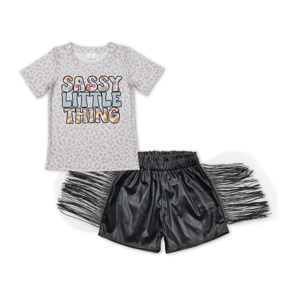 GSSO0458 Sassy Little Thing Leopard Top Tassel Black Pleather Shorts Girls Summer Clothes Set