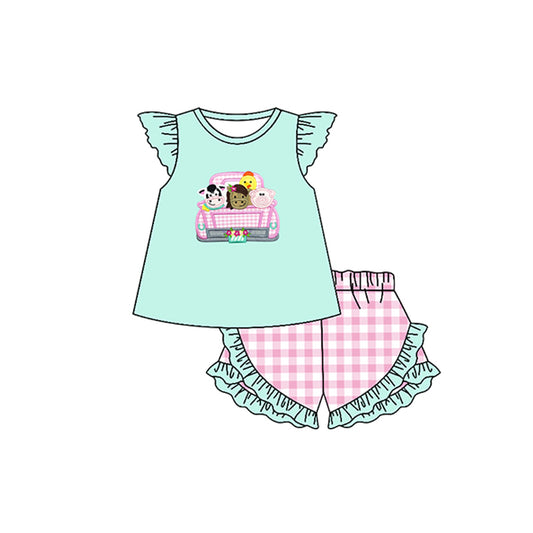 (Pre-order)GSSO0459 Farm Animals Truck Top Plaid Shorts Girls Summer Clothes Set