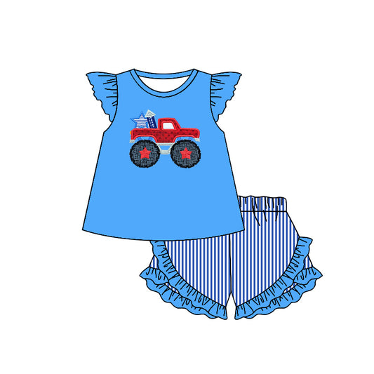 (Pre-order)GSSO0463 Truck Star Print Blue Top Stripes Shorts Girls 4th of July Clothes Set