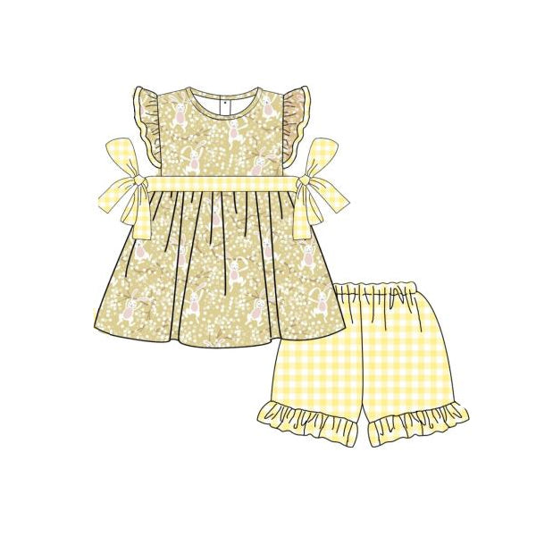 (Pre-order)GSSO0489 Yellow Flowers Bunny Top Ruffles Shorts Girls Easter Clothes Set