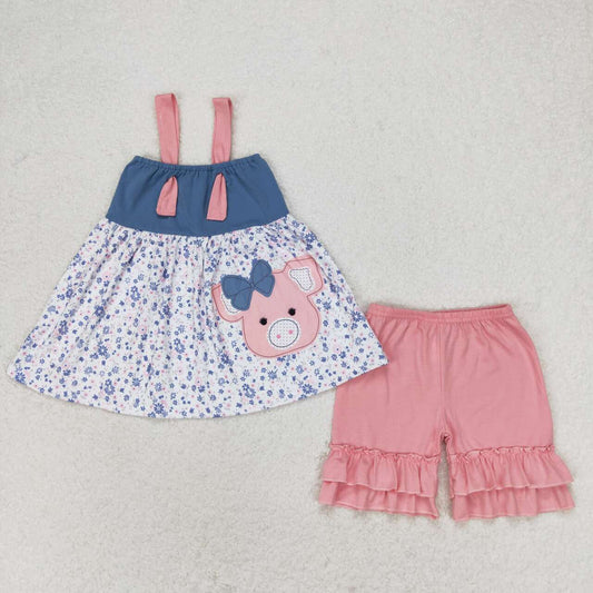 GSSO0493 Pig Flowers Tunic Top Pink Shorts Girls Summer Clothes Set