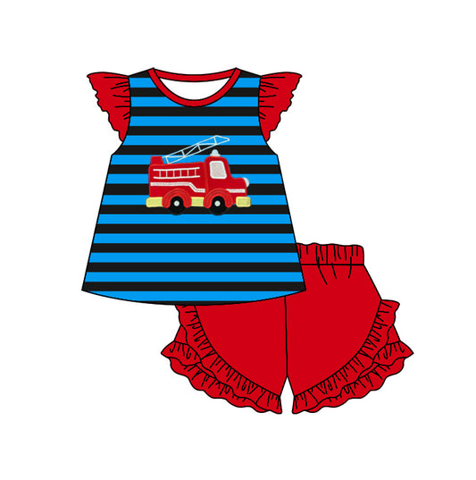 (Pre-order)GSSO0501  Blue Stripes Fire Truck Top Red Shorts Girls Summer Cothes Set