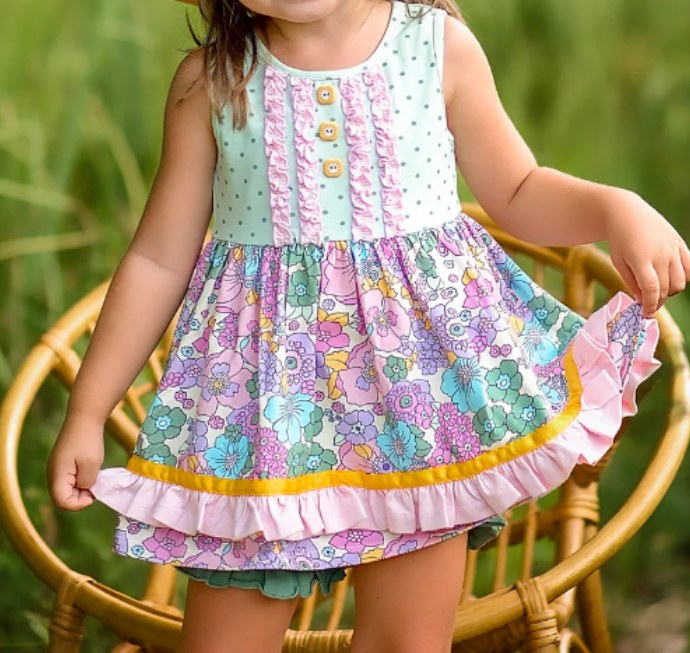 GSSO0503  Flowers Print Tunic Top Ruffles Shorts Girls Summer Clothes Set