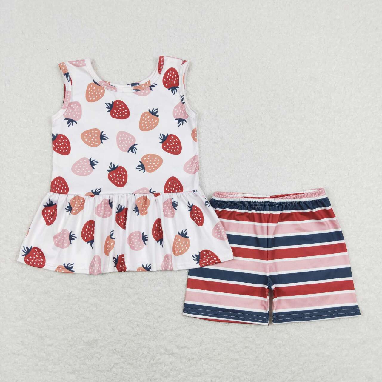 GSSO0505  Strawberry Top Stripes Shorts Girls Summer Clothes Set