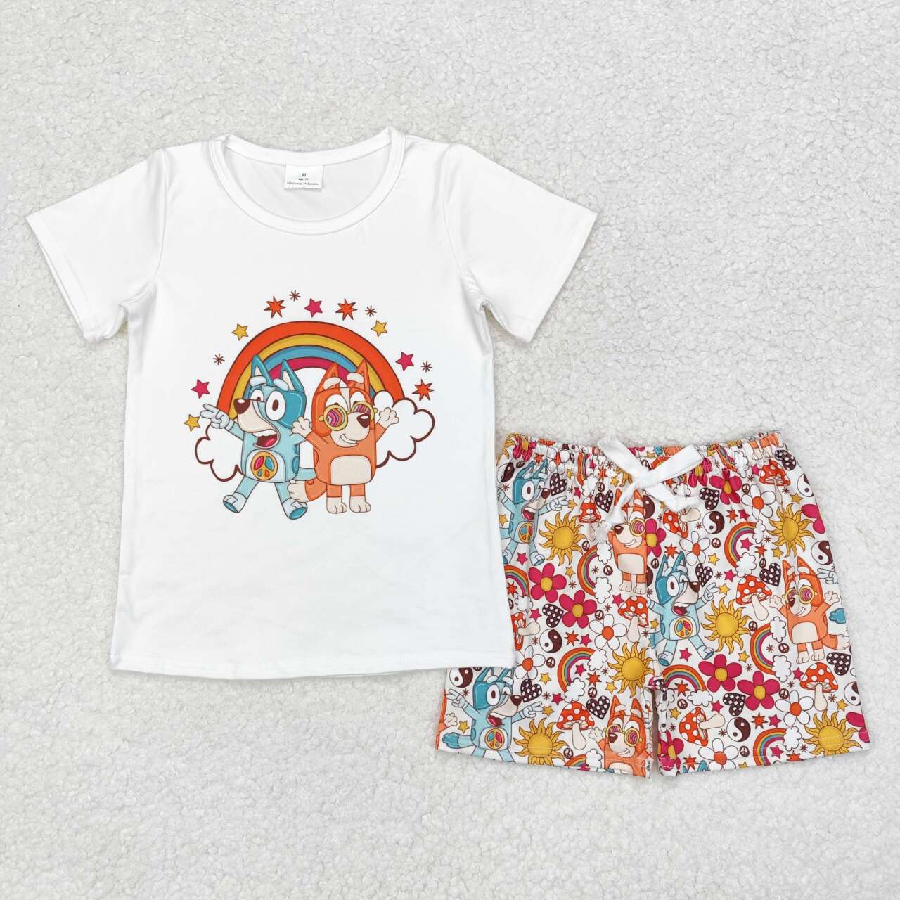 GSSO0512 Cartoon Dog Rainbow Flowers Print Shorts Girls Summer Clothes Set