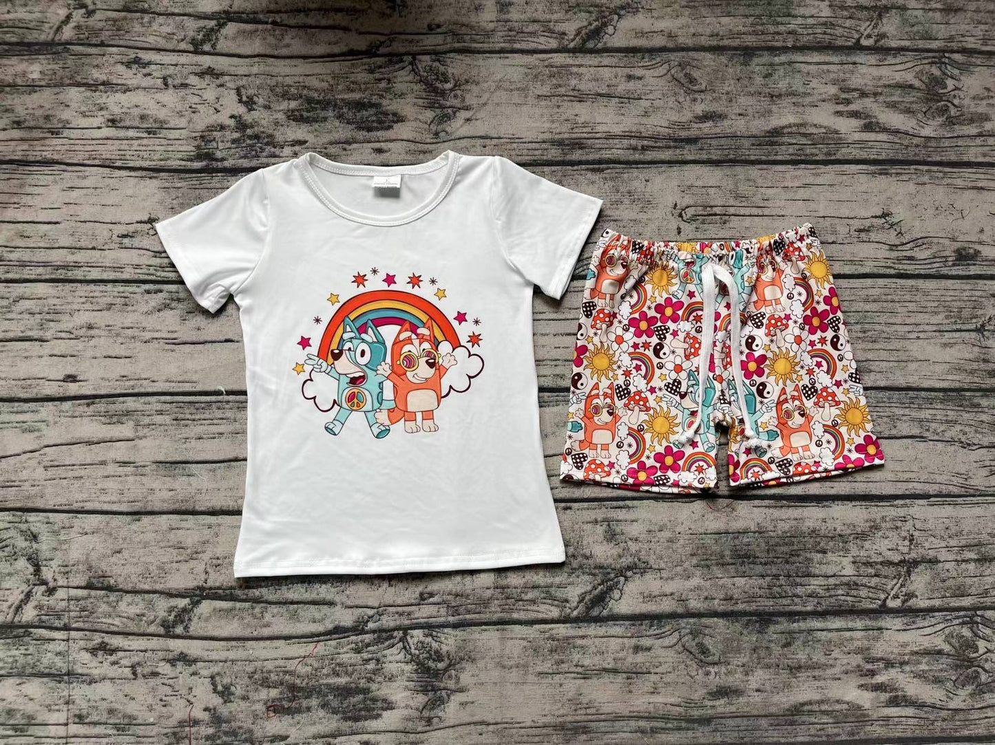 (Pre-order)GSSO0512 Cartoon Dog Rainbow Flowers Print Shorts Girls Summer Clothes Set