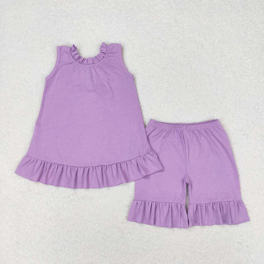 GSSO0520 Purple Backless Bow Top Ruffle Shorts Girls Summer Clothes Set