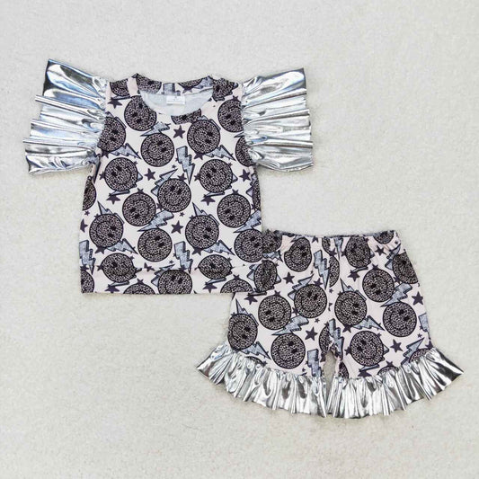 GSSO0521 Leopard Smiling Face Star Print Shorts Girls Summer Clothes Set