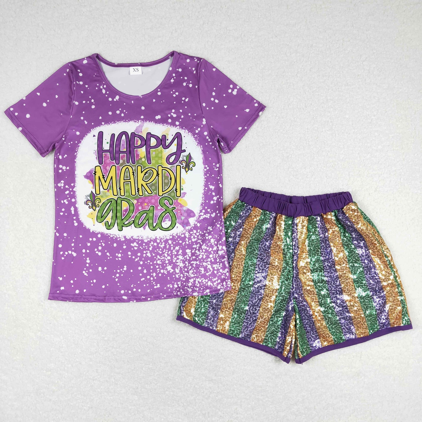 GSSO0529 Adult Purple Happy Mardi Gras Top Sequined Shorts Woman Clothes Set