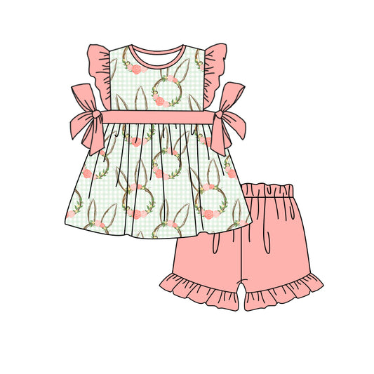 (Pre-order)GSSO0535 Bunny Flowers Top Pink Shorts Girls Easter Clothes Set