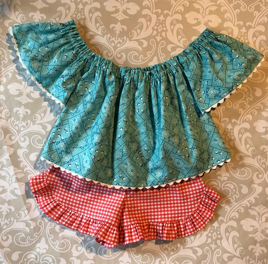 (Pre-order)GSSO0537 Blue Paisley Top Red Plaid Shorts Girls Summer Clothes Set
