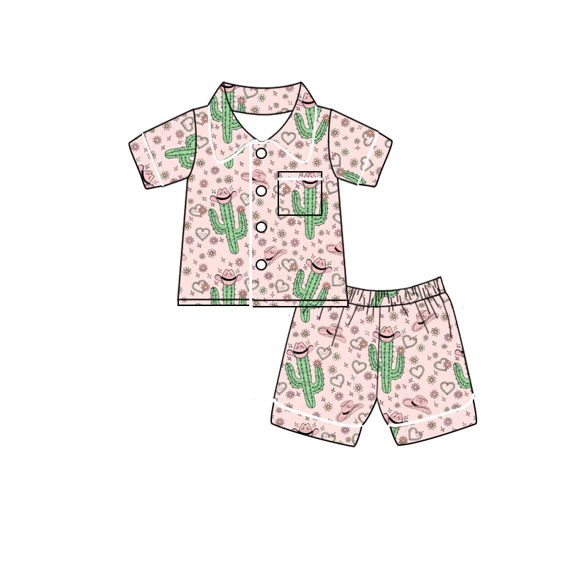 (Pre-order)GSSO0539 Cactus Hat Print Girls Summer Pajamas Clothes Set