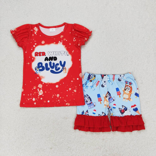 GSSO0543 Cartoon Dog Star Red Top Ruffle Shorts Girls 4th of July Clothes Set