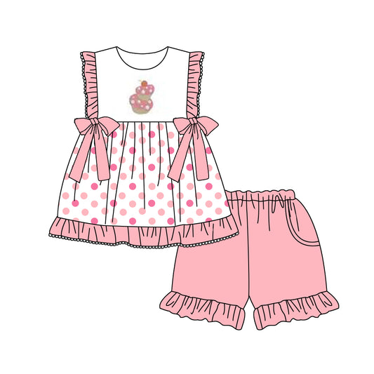 (Pre-order)GSSO0553 Cake Dots Tunic Top Pink Shorts Girls Summer Clothes Set