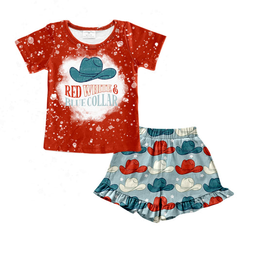 (Pre-order)GSSO0560 Western Hats Print Girls 4th of July Clothes Set