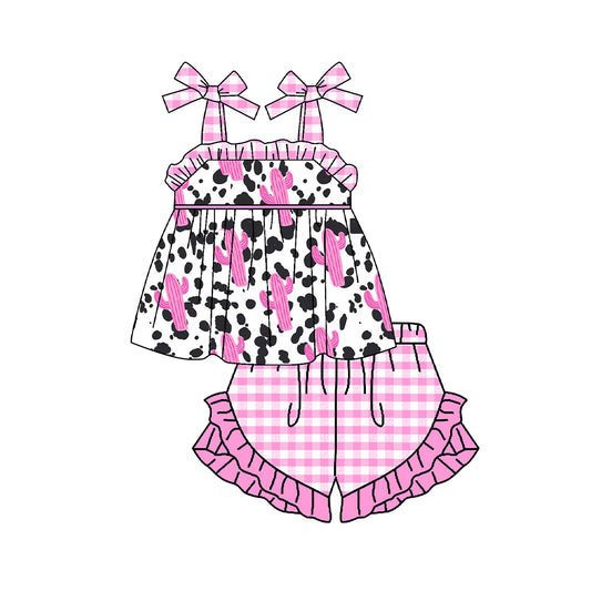 (Pre-order)GSSO0573 Pink Cactus Print Top Ruffles Shorts Girls Summer Clothes Set