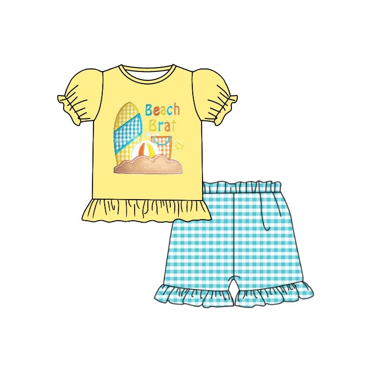 (Pre-order)GSSO0583 Yellow Beach Brat Top Blue Plaid Shorts Girls Summer Clothes Set