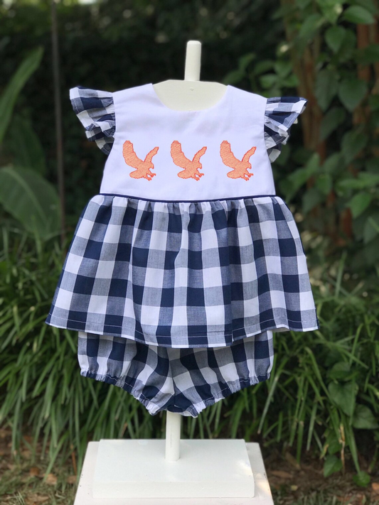 (Pre-order)GSSO0585 Eagle Navy Plaid Print Girls Summer Clothes Set