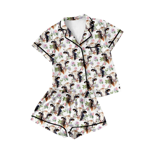 (Pre-order)GSSO0592 Flowers Cow Print Girls Summer Pajamas Clothes Set