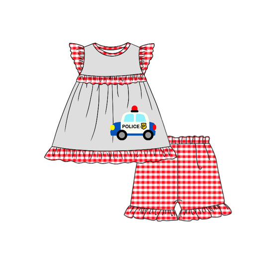 (Pre-order)GSSO0595 Police Car Tunic Top Plaid Shorts Girls Summer Clothes Set