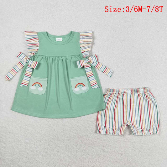 GSSO0596 Rainbow Pockets Green Tunic Top Stripes Shorts Girls Summer Clothes Set