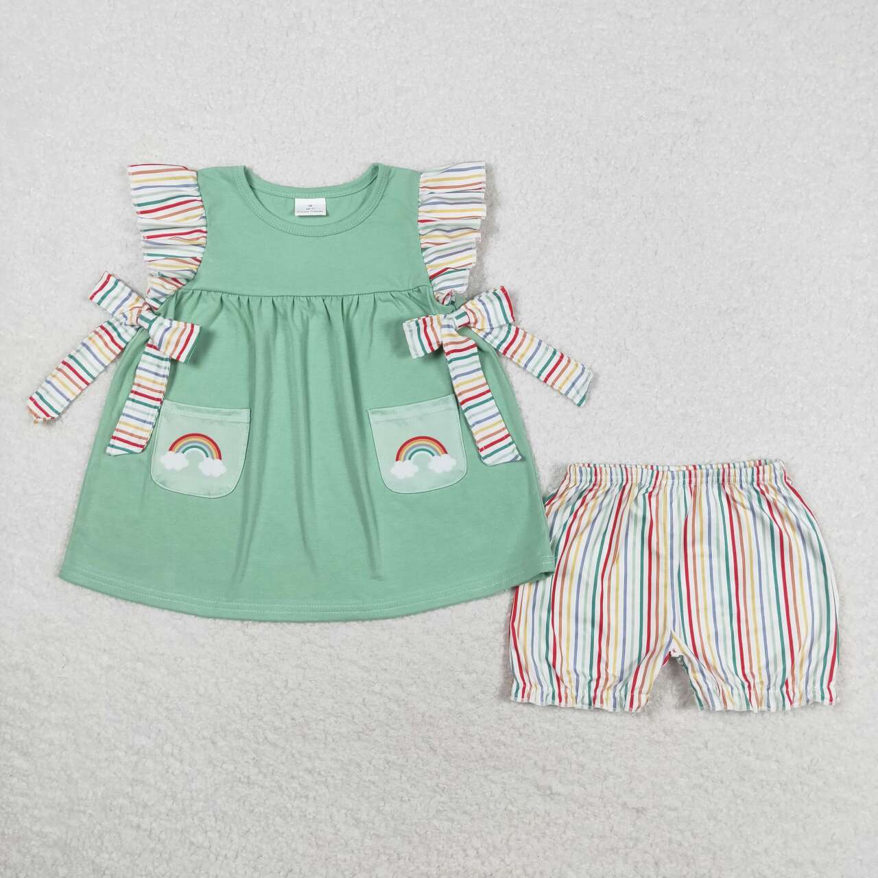 GSSO0596 Rainbow Pockets Green Tunic Top Stripes Shorts Girls Summer Clothes Set