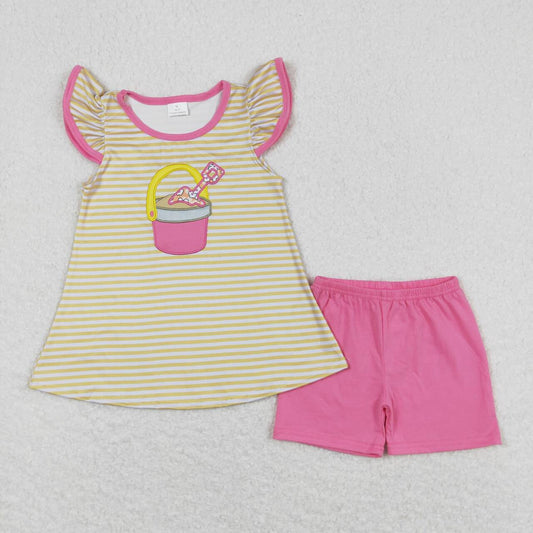 GSSO0600 Sandbeach Bucket Embroidery Top Hot Pink Shorts Girls Summer Clothes Set