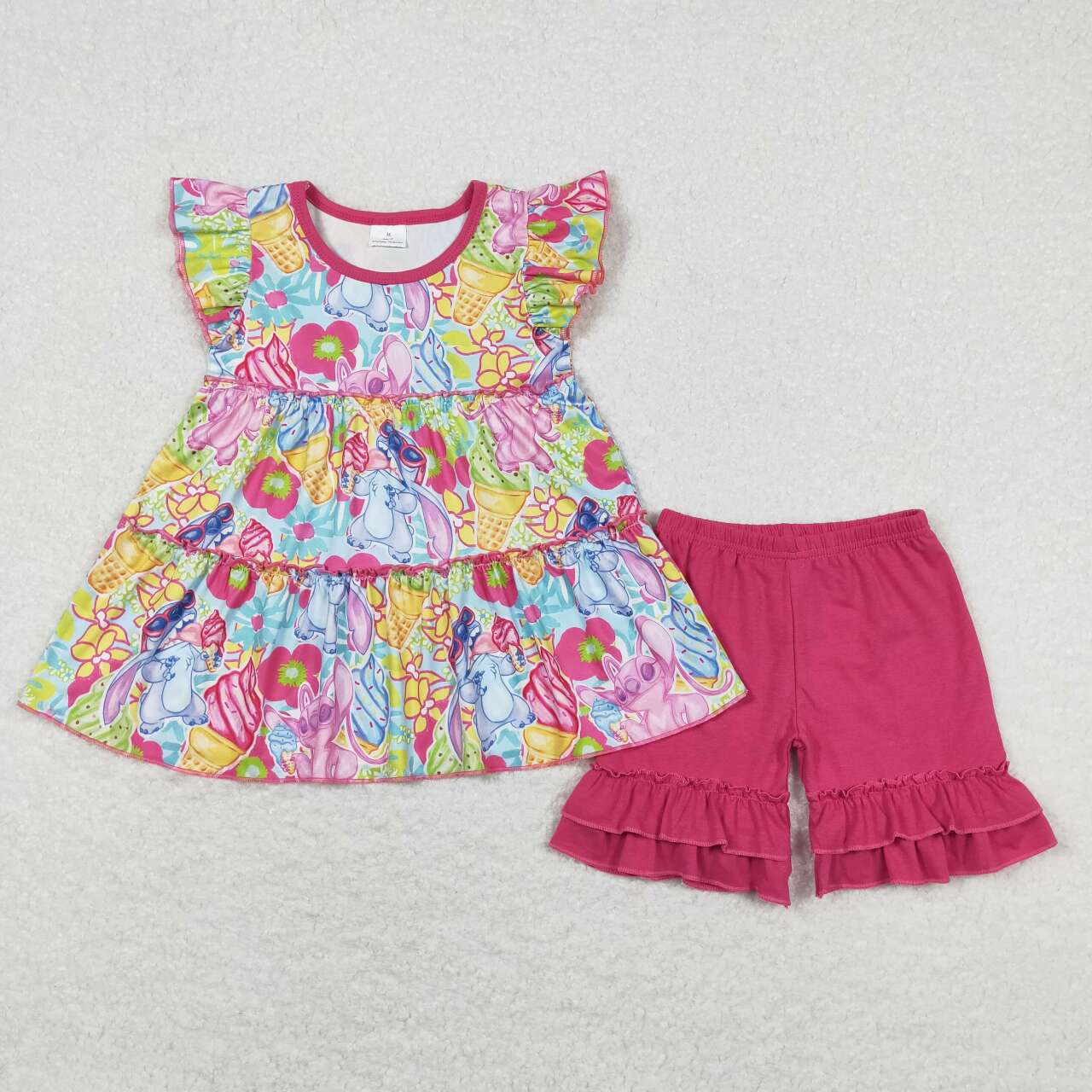 GSSO0608 Cartoon Animals Tunic Top Hot Pink Shorts Girls Summer Clothes Set