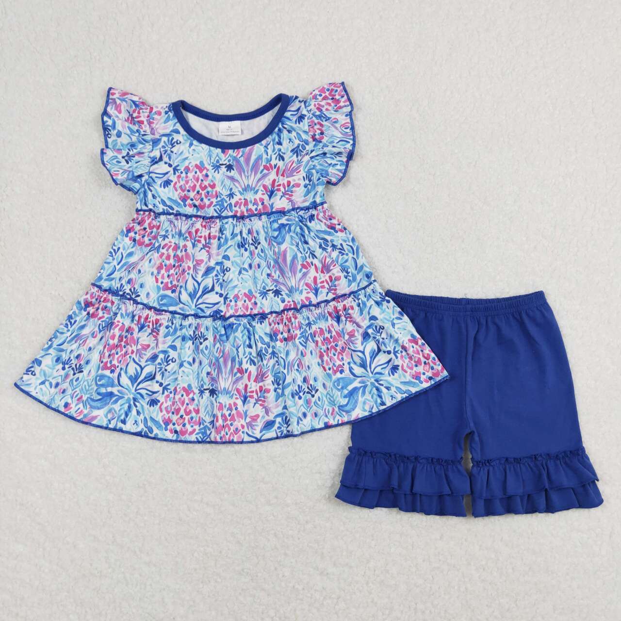 GSSO0614 Blue Flowers Tunic Top Ruffle Shorts Girls Summer Clothes Set