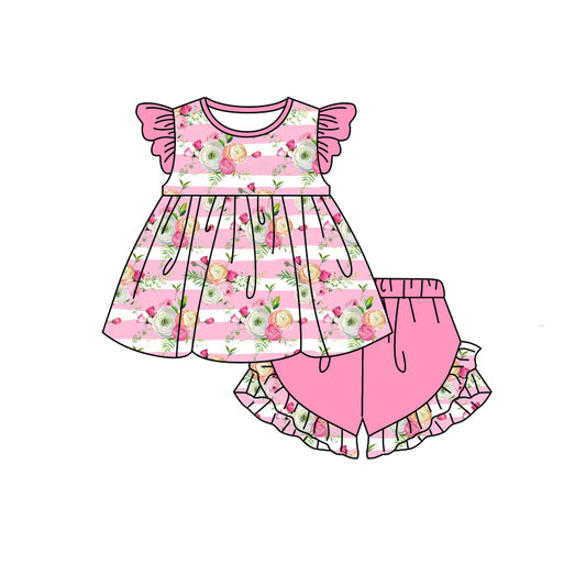 (Pre-order)GSSO0623 Pink Flowers Tunic Top Ruffle Shorts Girls Summer Clothes Set