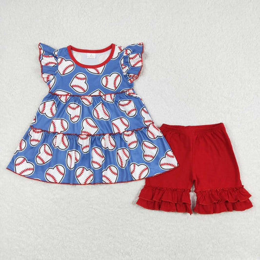 GSSO0634 Baseball Heart Top Red Shorts Girls Summer Clothes Set