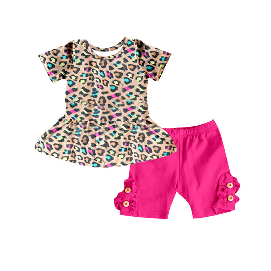 (Pre-order)GSSO0636 Leopard Top Hot Pink Shorts Girls Summer Clothes Set