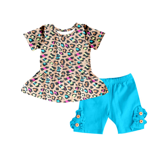 (Pre-order)GSSO0637 Leopard Top Blue Shorts Girls Summer Clothes Set