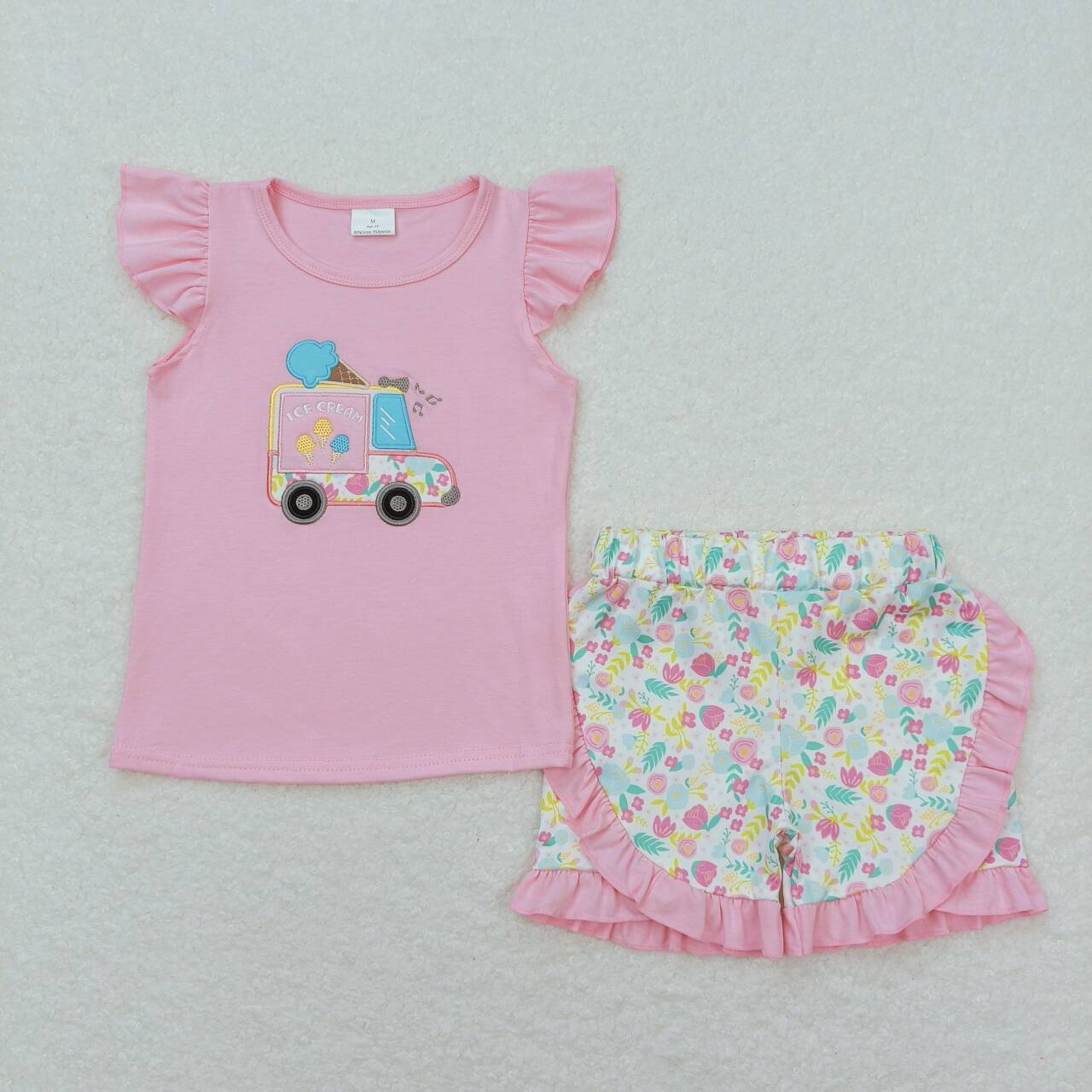 GSSO0644 Ice Cone Popsicle Truck Embroidery Pink Top Flowers Shorts Girls Summer Clothes Set