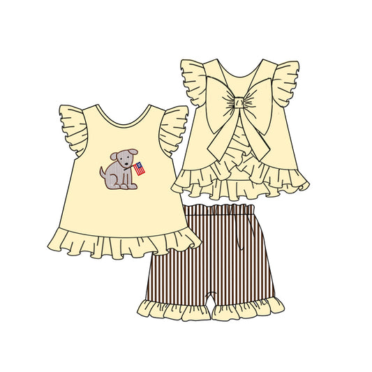 (Pre-order)GSSO0649 Dog Flag Print Yellow Top Stripes Shorts Girls 4th of July Clothes Sets