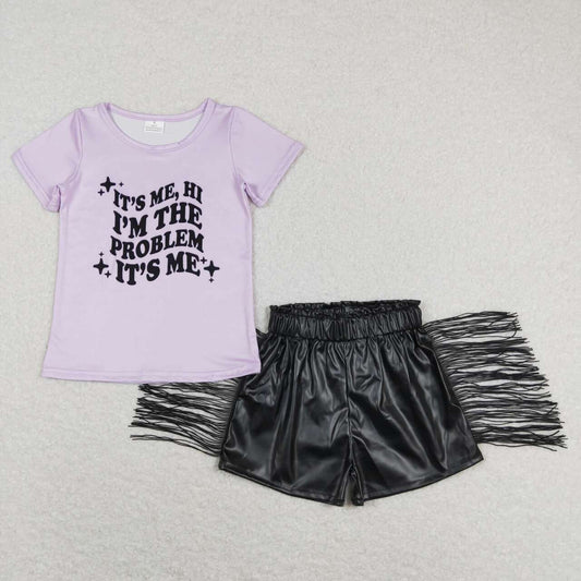 GSSO0650 IT'S ME Singer Purple Print Top Black Tassels Shorts Girls Summer Outfits