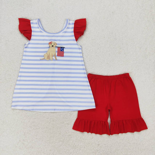 GSSO0663 Dog Flag Embroidery Top Red Shorts Girls 4th of July Clothes Set