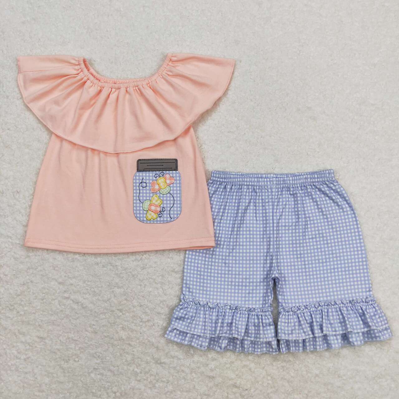 GSSO0682 Butterfly Embroidery Top Plaid Shorts Girls Summer Clothes Set