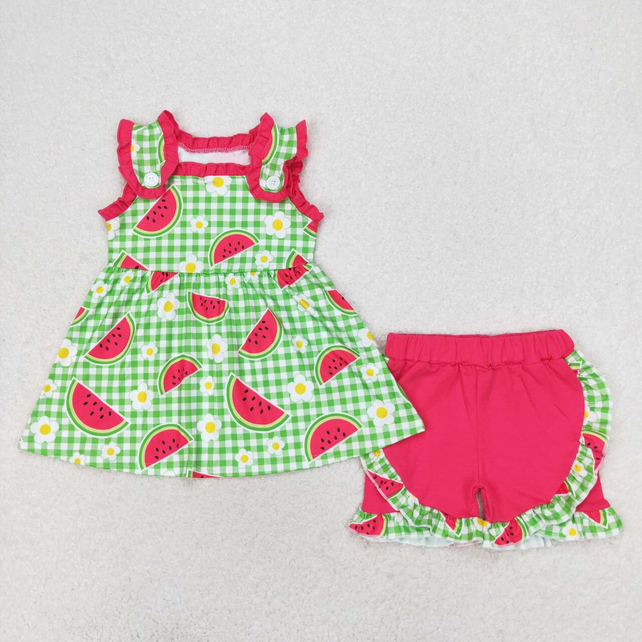 GSSO0701  Watermelon Flowers Print Girls Summer Clothes Set