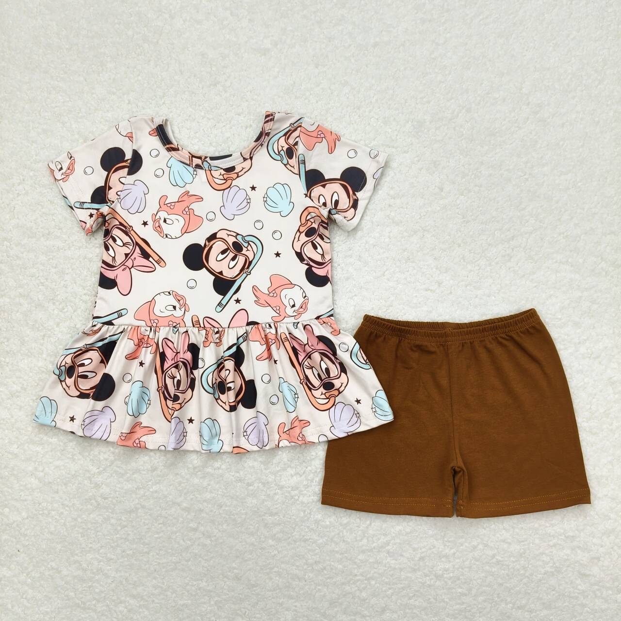 GSSO0703 Cartoon Mouse Shell Top Brown Shorts Girls Summer Clothes Set