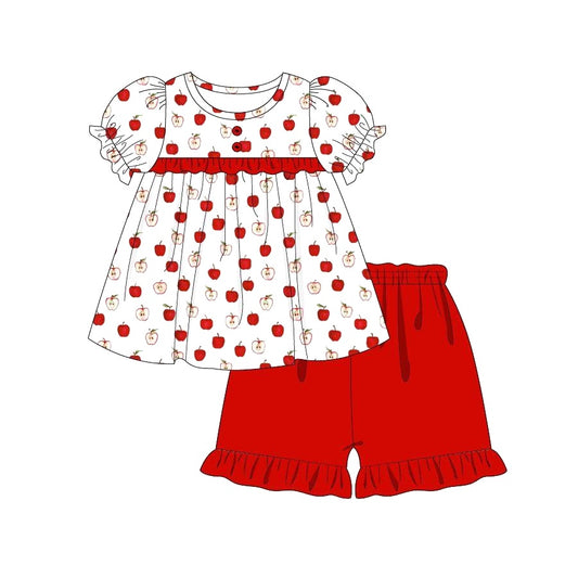 (Pre-order)GSSO0708  Apple Tunic Top Red Shorts Girls Summer Clothes Set