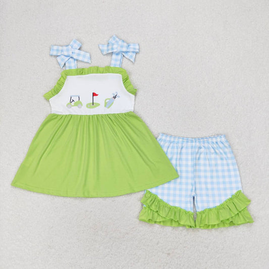 GSSO0719  Golf Print Green Strap Top Blue Plaid Shorts Girls Summer Clothes Set