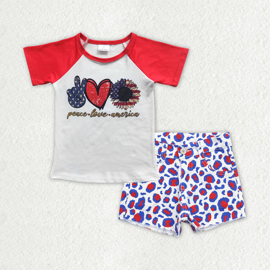GSSO0756 Peace Love America Top Leopard Denim Shorts 4th of July Girls Clothes Set