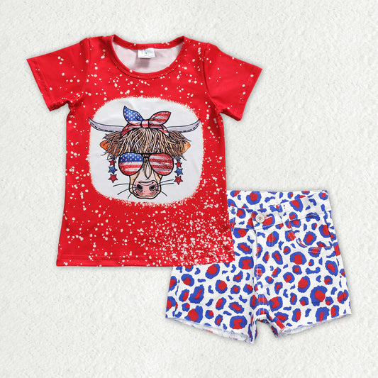 GSSO0757 Highland Cow Top Leopard Denim Shorts 4th of July Girls Clothes Set