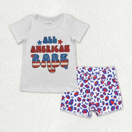 GSSO0758 All American Babe Top Leopard Denim Shorts 4th of July Girls Clothes Set