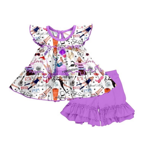 (Pre-order)GSSO0768  Singer Top Purple Shorts Girls Summer Clothes Set