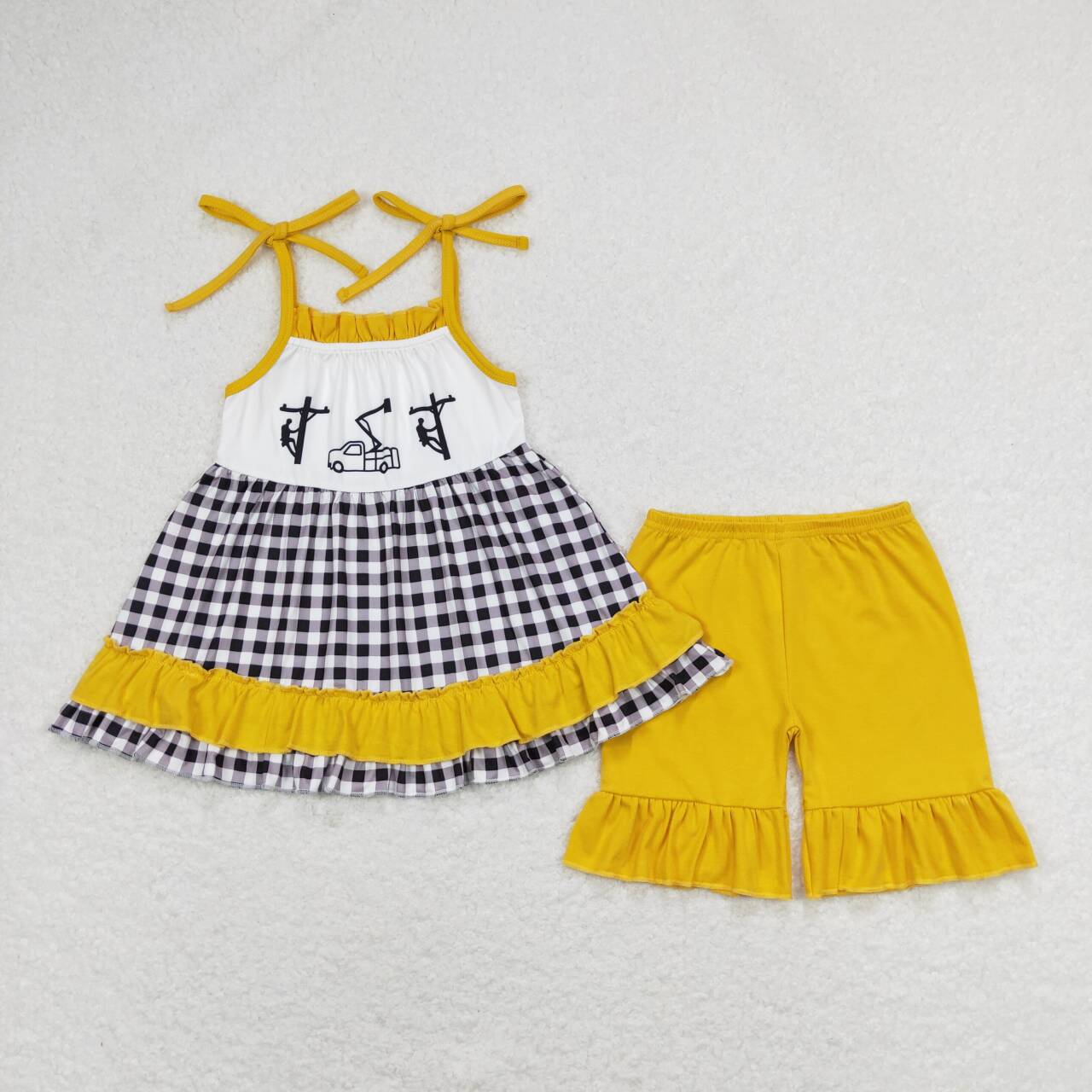 GSSO0771  Worker Tunic Ruffles Strap Top Yellow Shorts Girls Summer Clothes Set